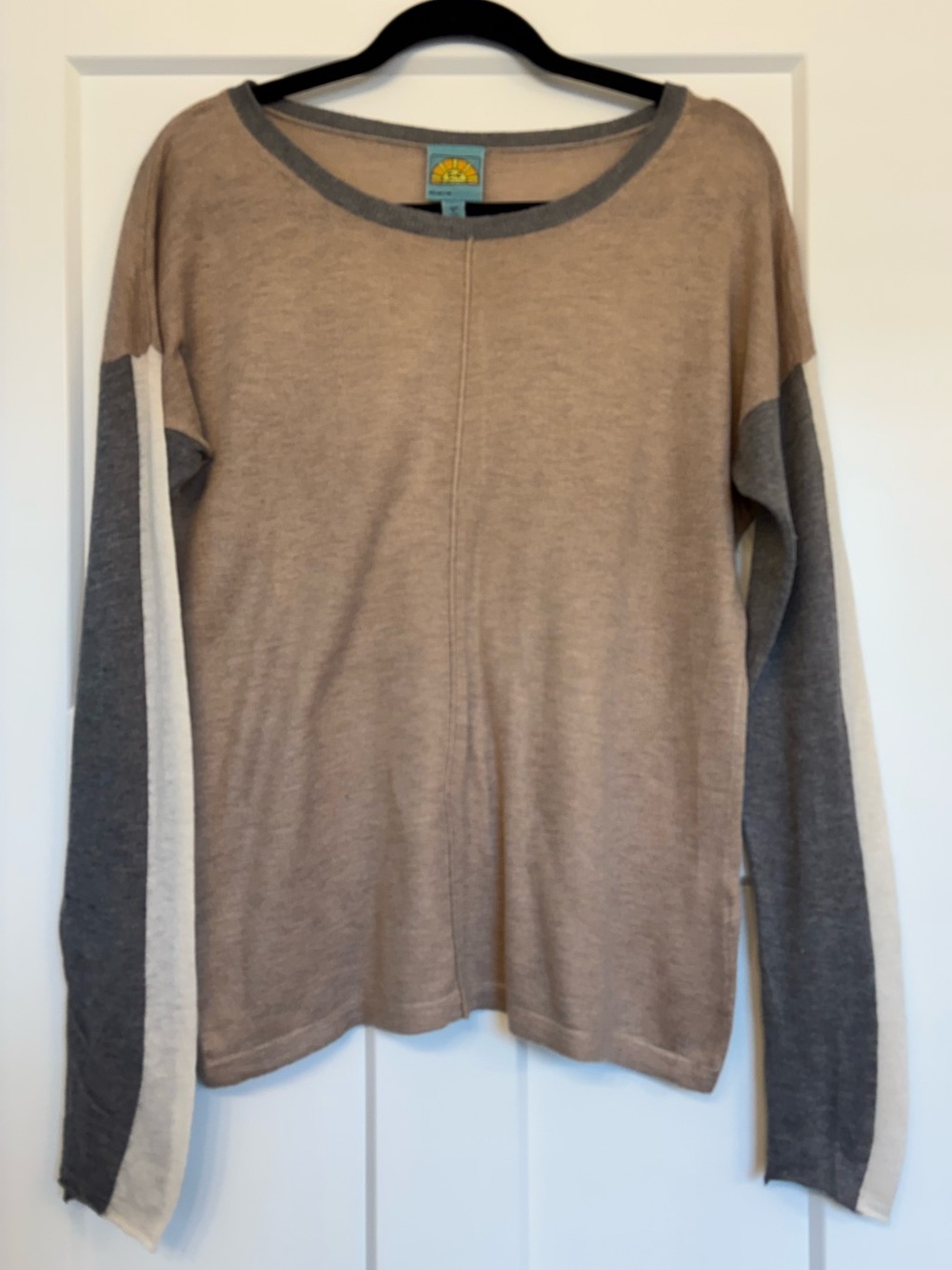 C&C California Beige and Gray Colorblock Crewneck Sweater